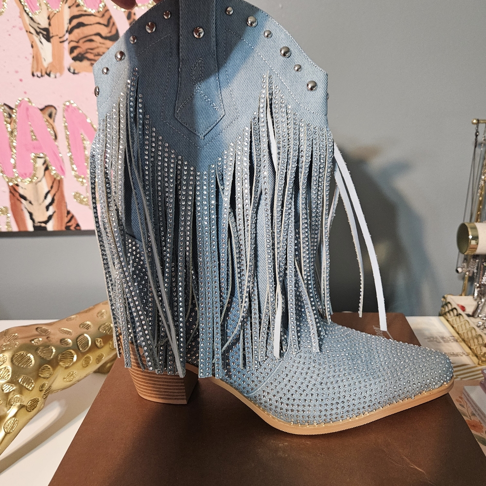 Blue Fringe Heeled Boots